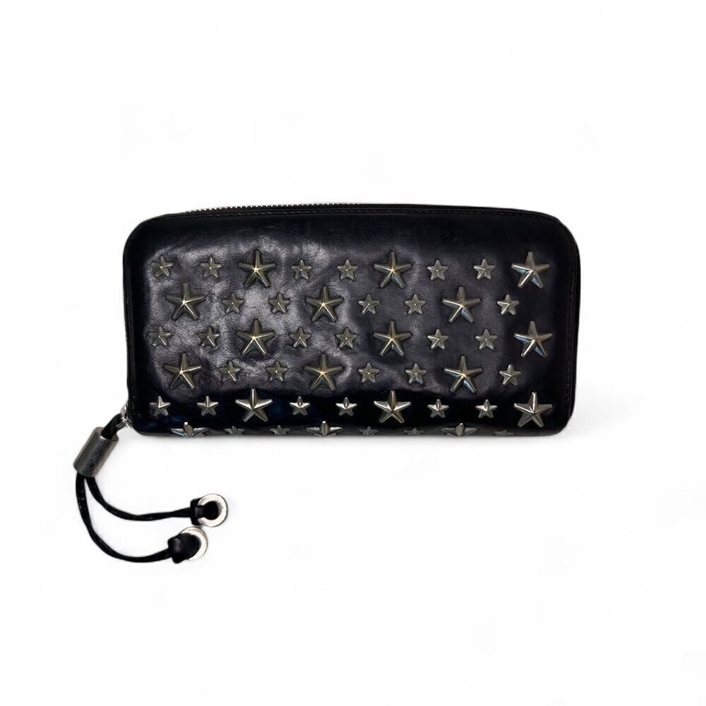 Jimmy Choo Long Black Leather Zippered Wallet, Silver Star Studs w/ Box - USED - Picture 3 of 15